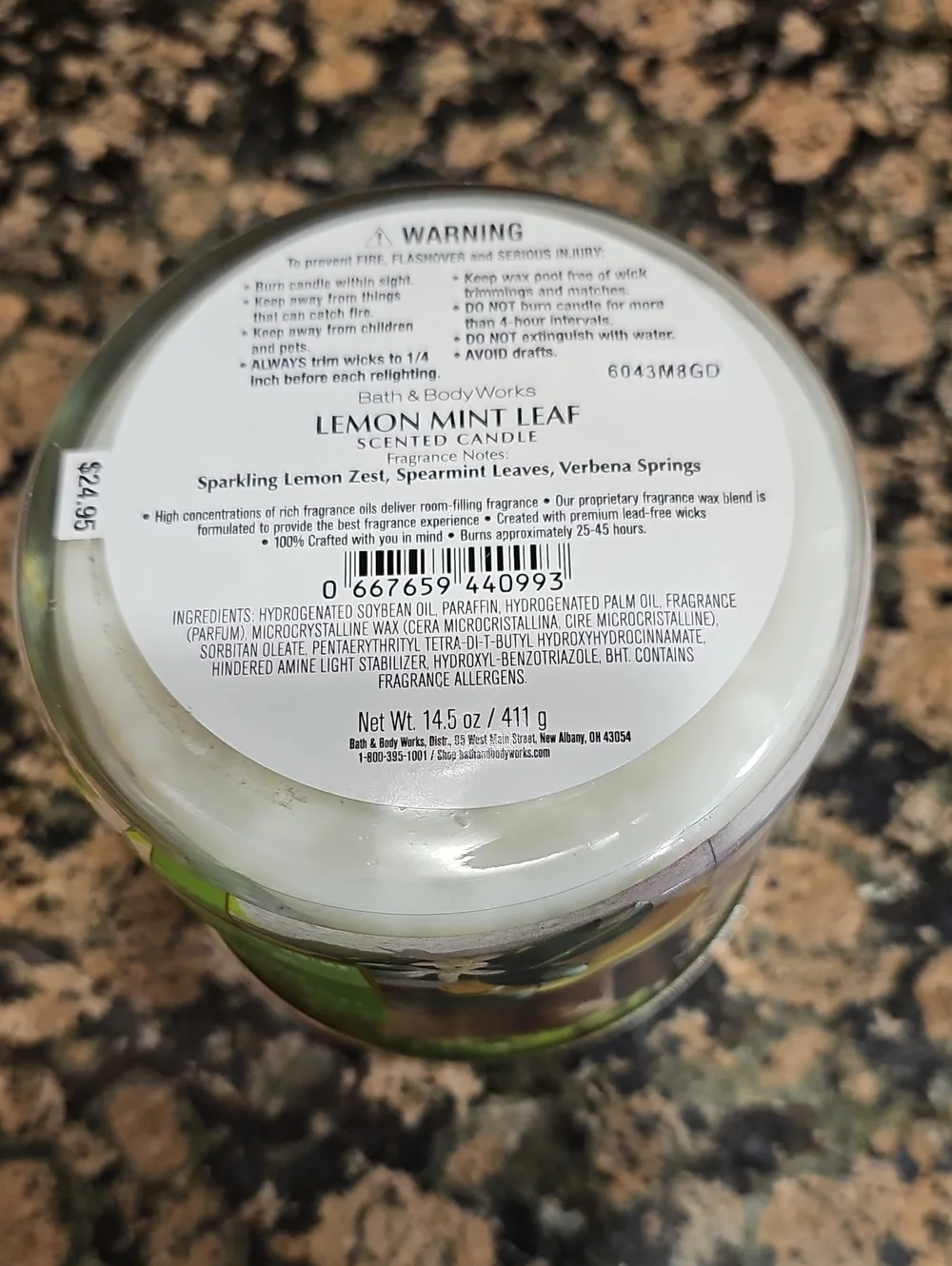 BBW Lemon Mint Leaf 3 Wick Candle